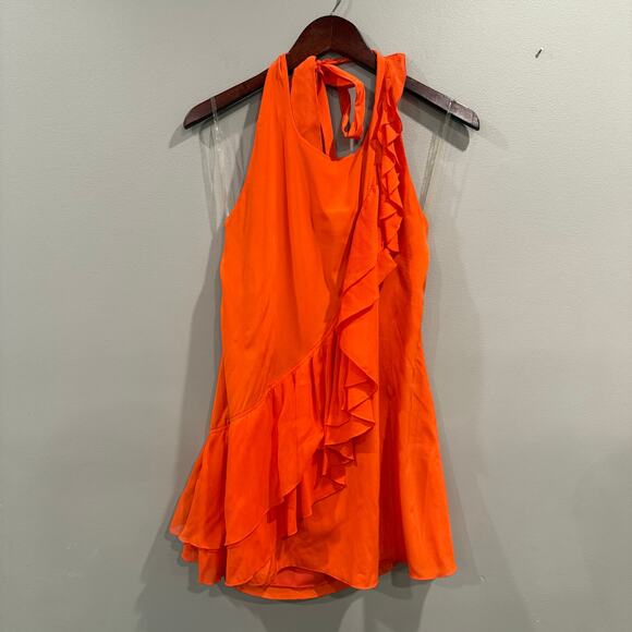 Alice + Olivia Silk Halter Backless Mini Dress Asymmetrical Ruffle Orange Sz Med - Picture 5 of 13